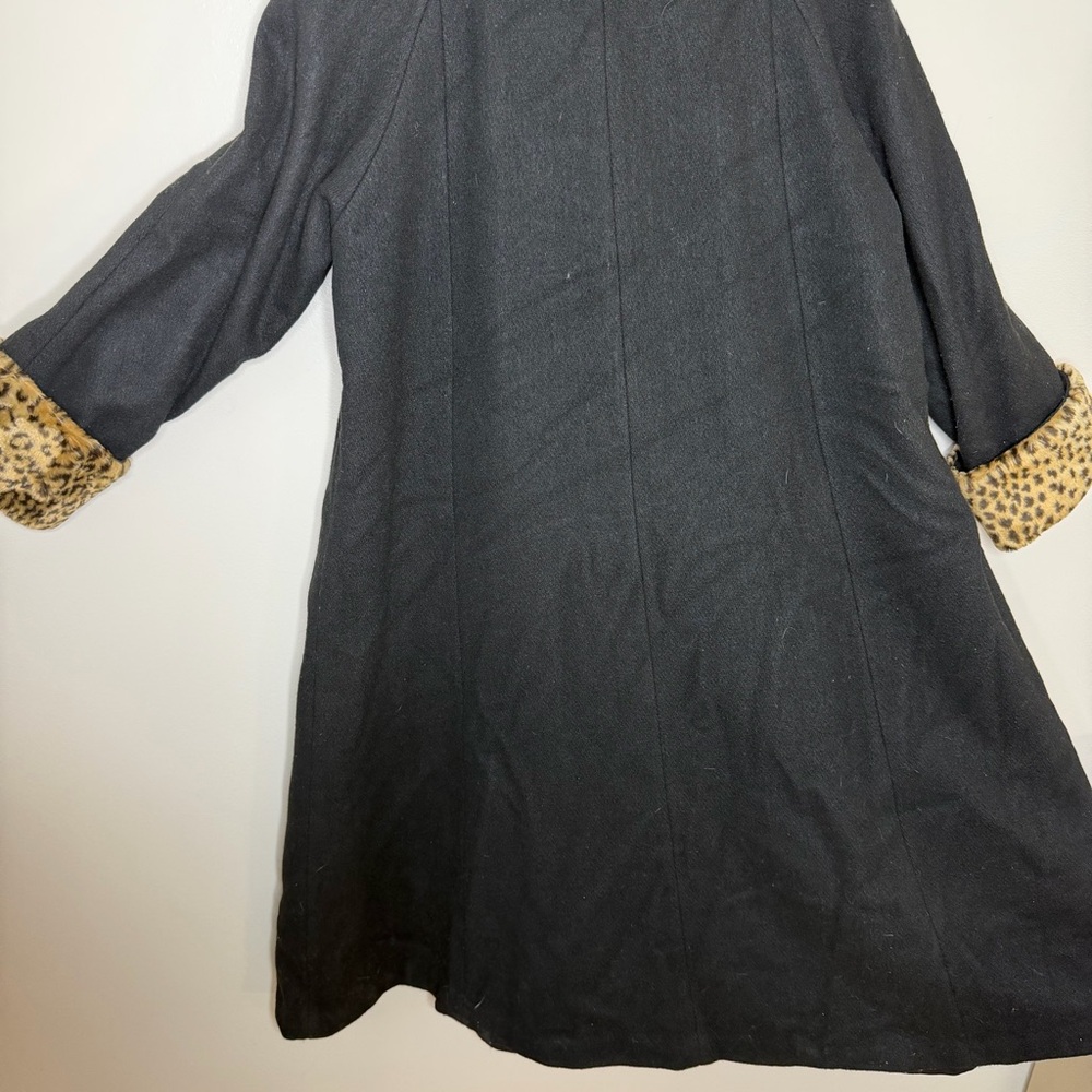 Russell Scott Vintage Coat Black Wool Blend Leopard Trim Long Elegant USA - Picture 6 of 14